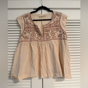 Lucky Brand Embroidered Cream Babydoll Style Top